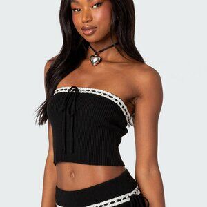 Edikted Khloe Lacey Bow Ribbon Knit Tube Top, Black Bow, BNWT
